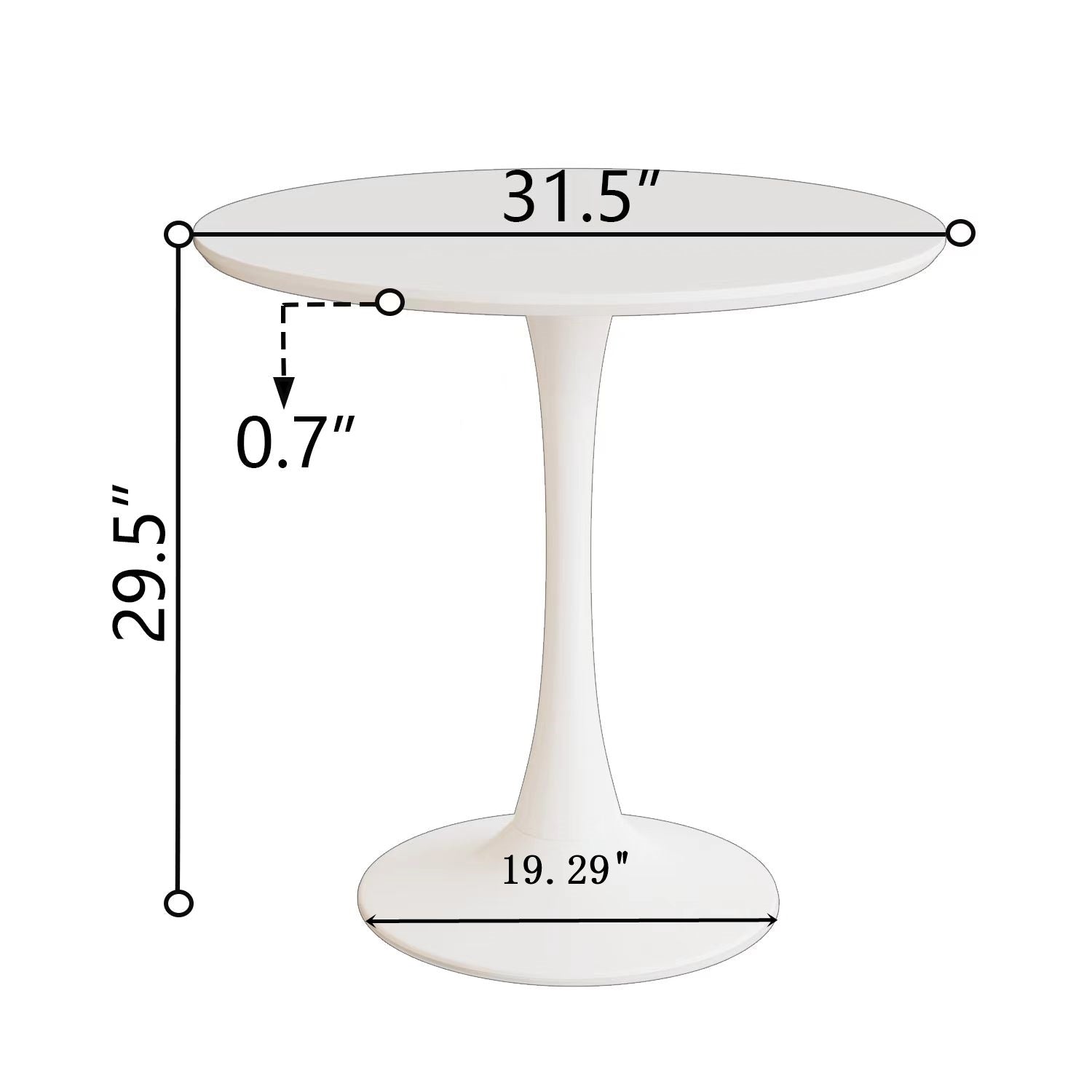 Dimension diagram of round tulip dining table: 31.5 in top, 29.5 in high, 0.7 in thick, 19.29 in base
