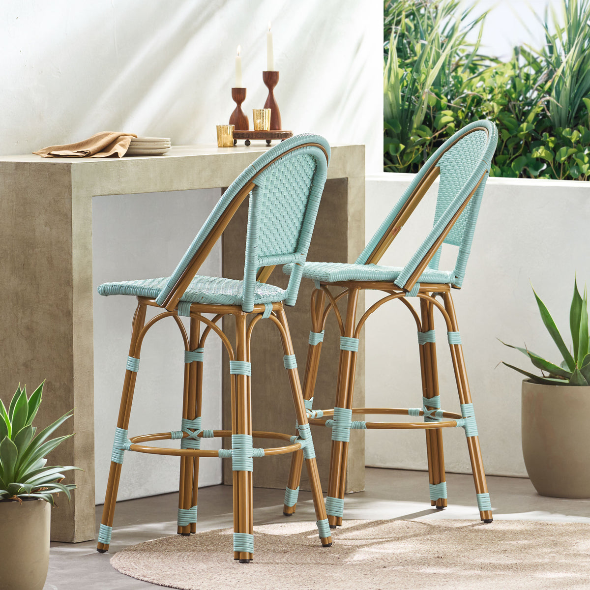 Teal Wicker Outdoor Bar Stool, Set of 2, 45.8 in Tall
