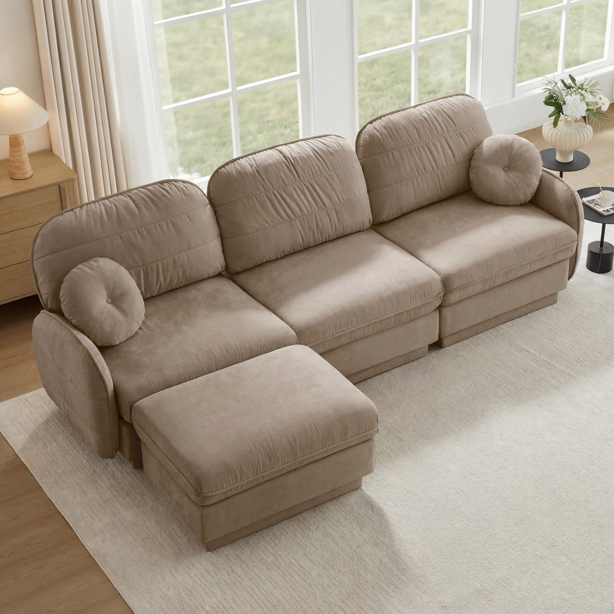 Brown Chenille Sectional Couch with Ottoman, 105 in Wide