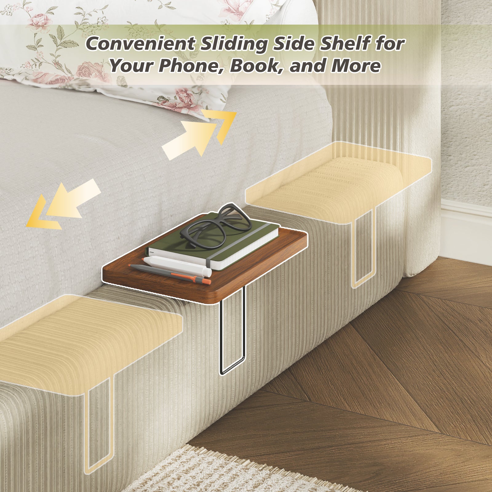 Close-up of the wooden sliding side shelf on the corduroy queen bed holding a phone, book and glasses