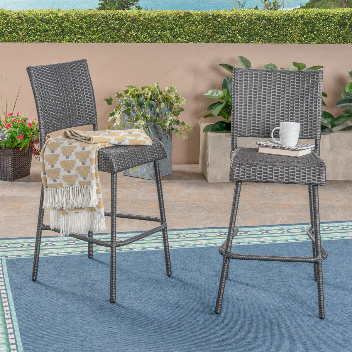 Gray Wicker Outdoor Bar Stool, Set of 2, Armless