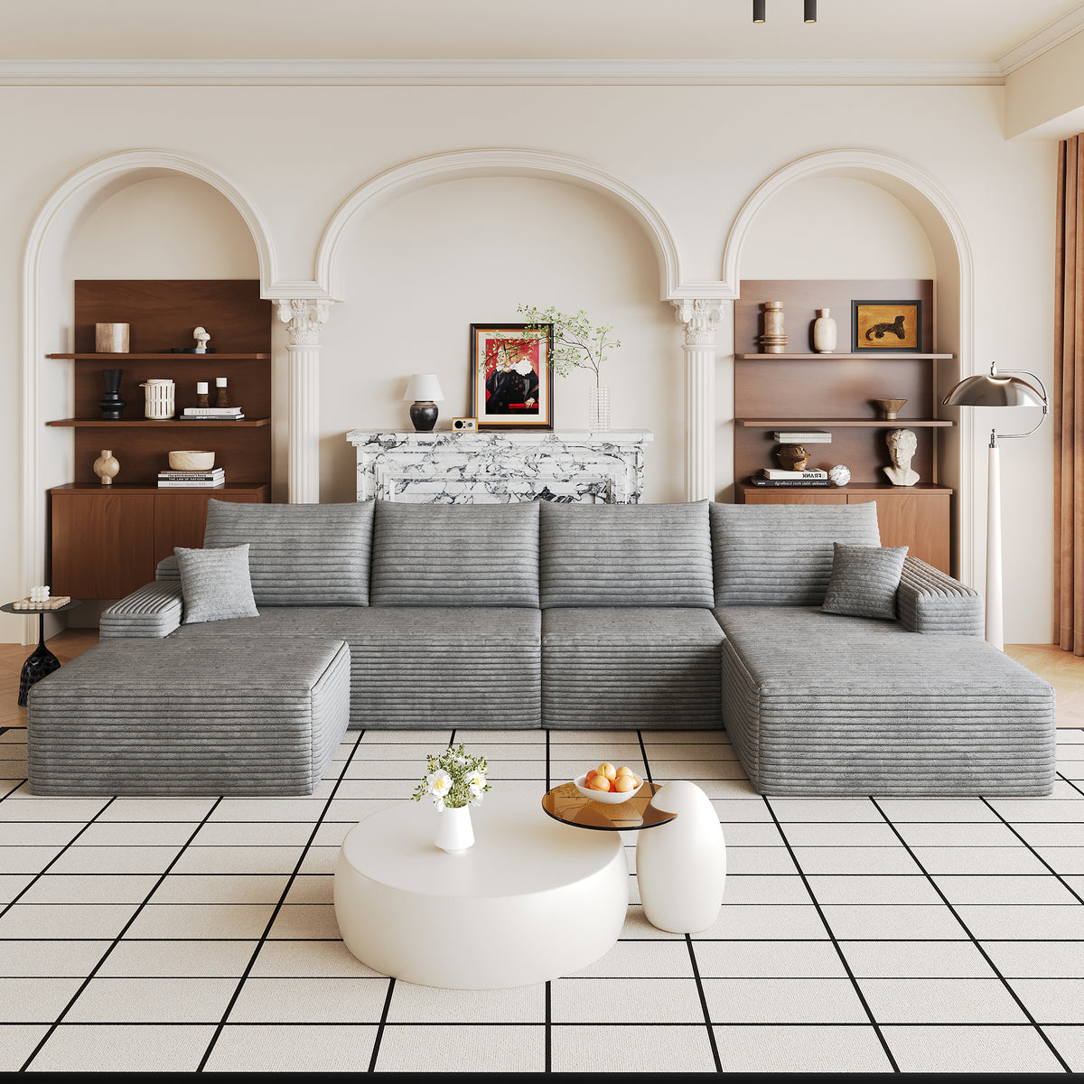Gray Corduroy L-Shaped Sectional with Ottoman, Right-Facing