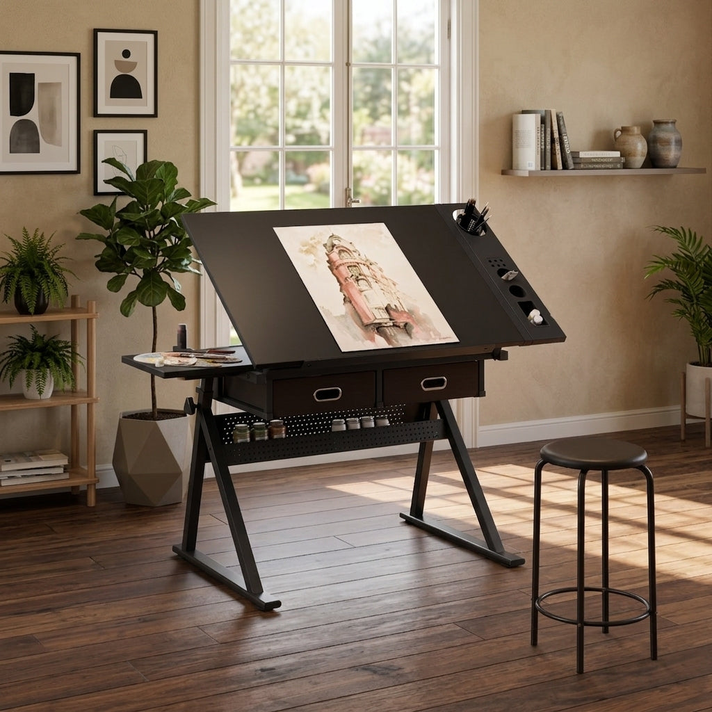 Drafting Table with Drawers, 38.6 in, Black