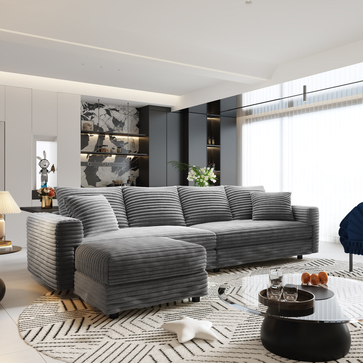Gray Corduroy 4-Seat Couch with Ottoman, 102.4 in Wide