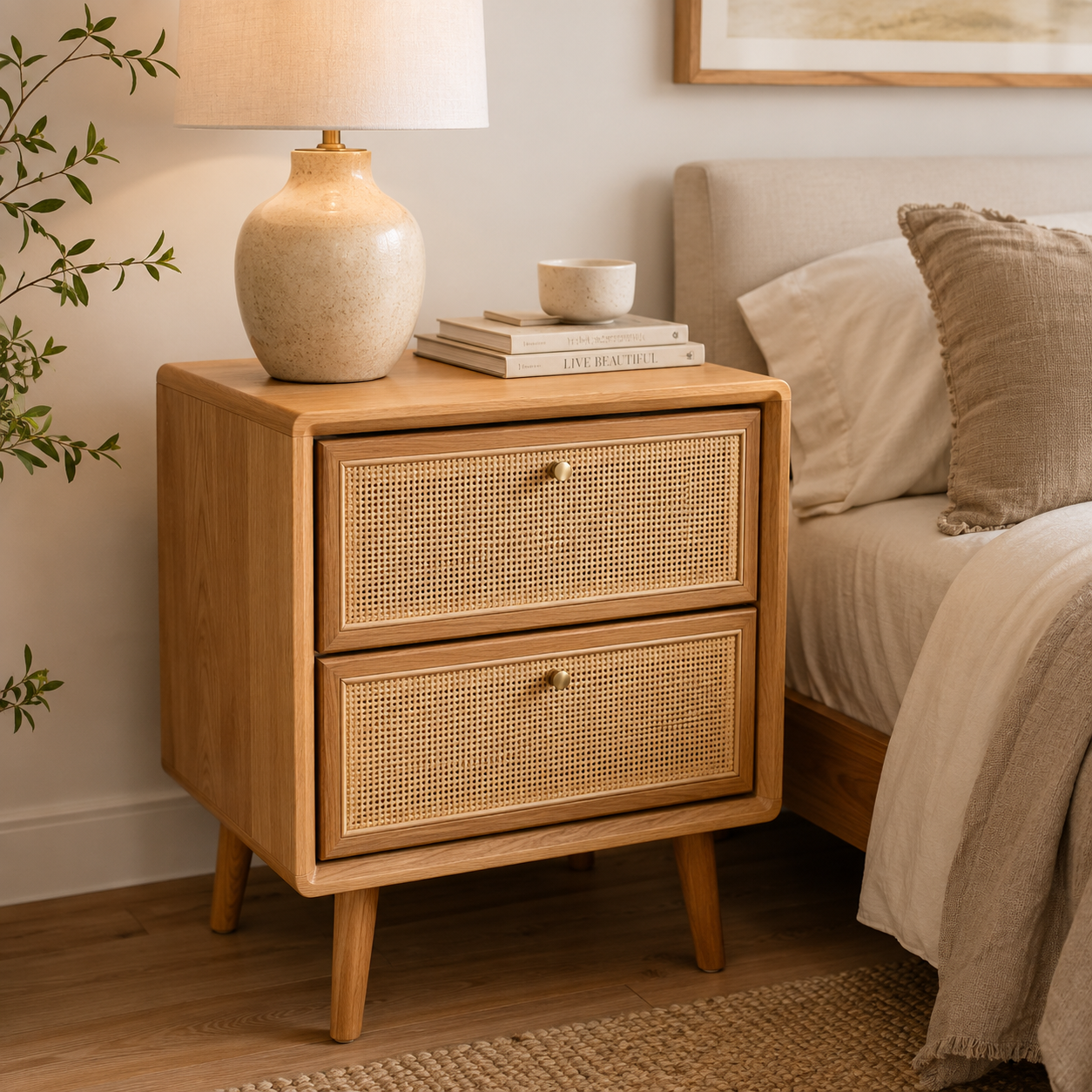 Mid Century Modern Nightstand – Handwoven Rattan & Solid Red Oak