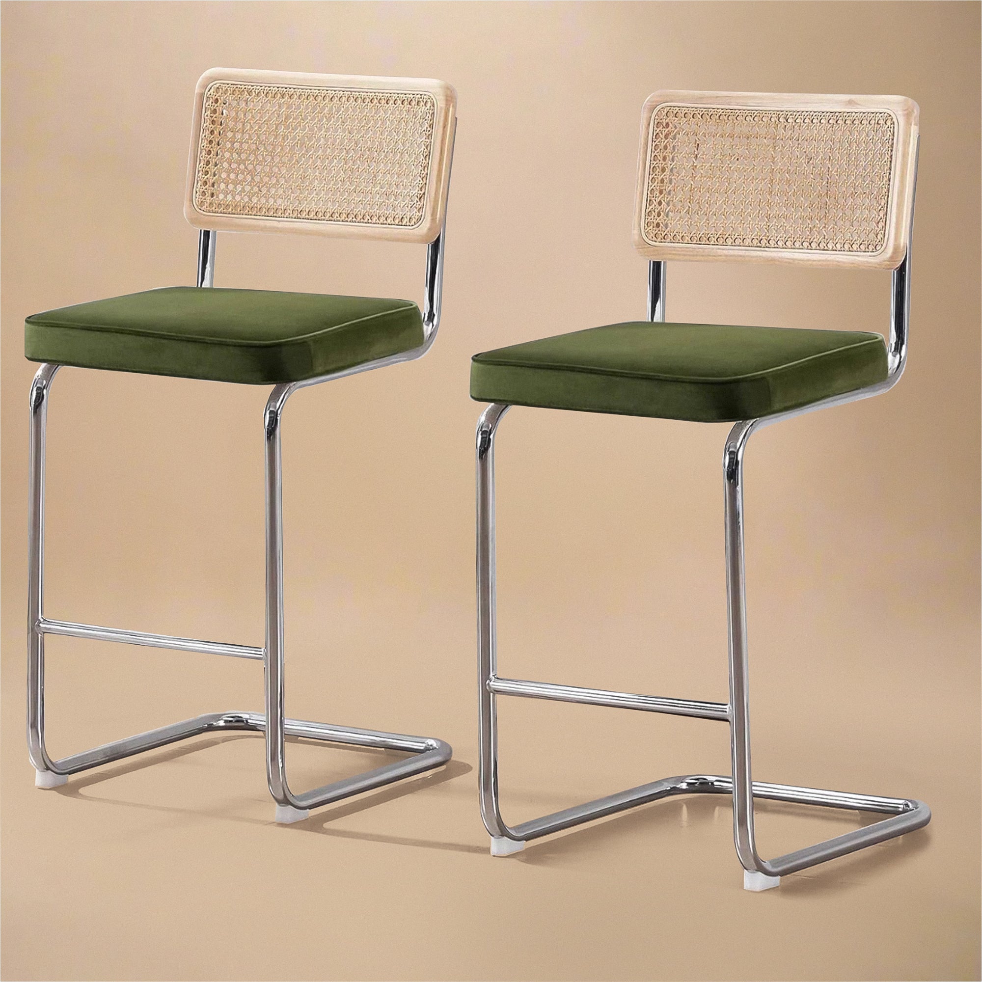 Rattan Counter Stools Set of 2 – Stainless Steel Legs & Green Velvet