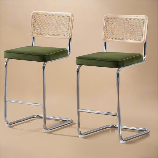 Rattan Counter Stools Set of 2 – Stainless Steel Legs & Green Velvet