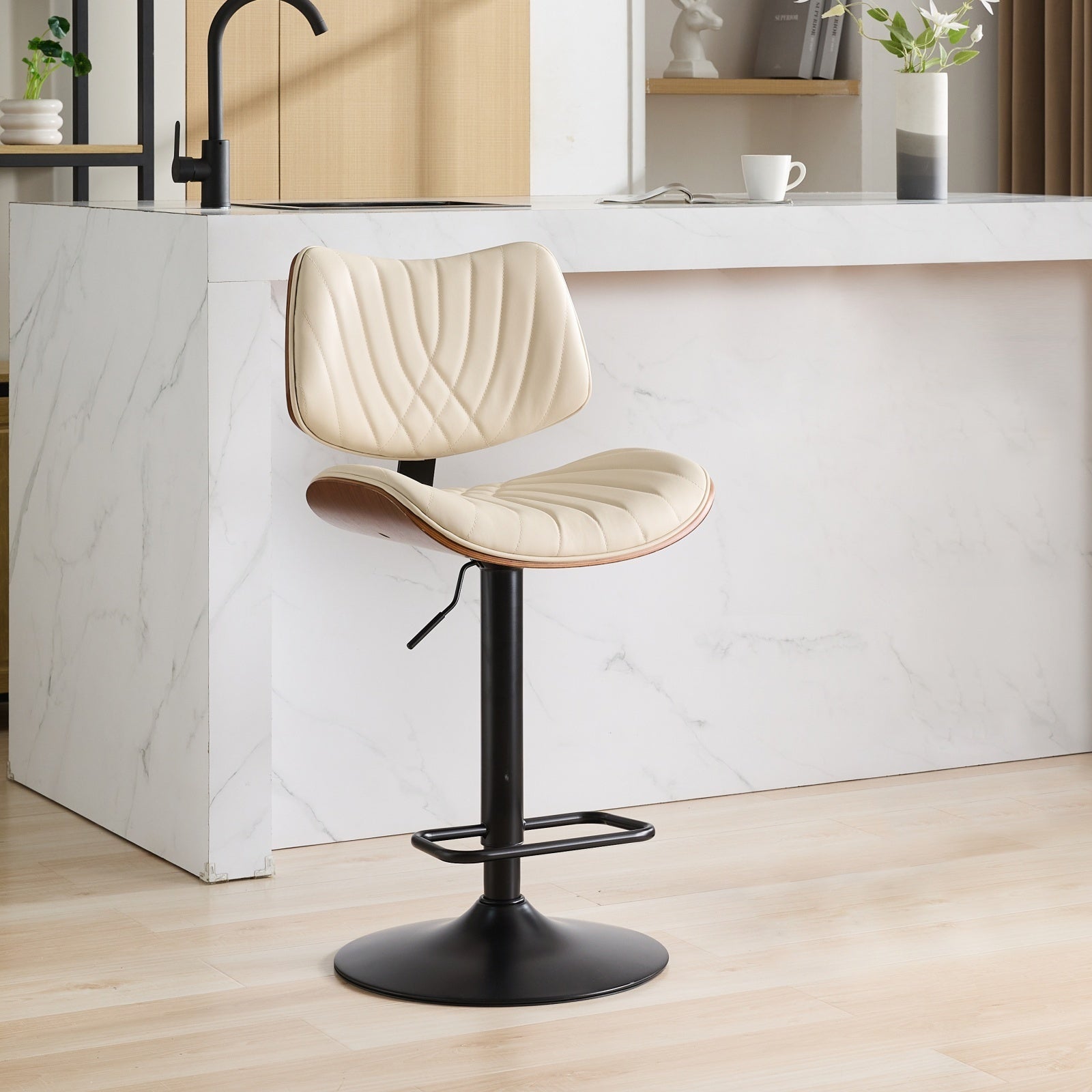 Walnut Bentwood Swivel Bar Stool, Beige Vegan Leather, Adjustable