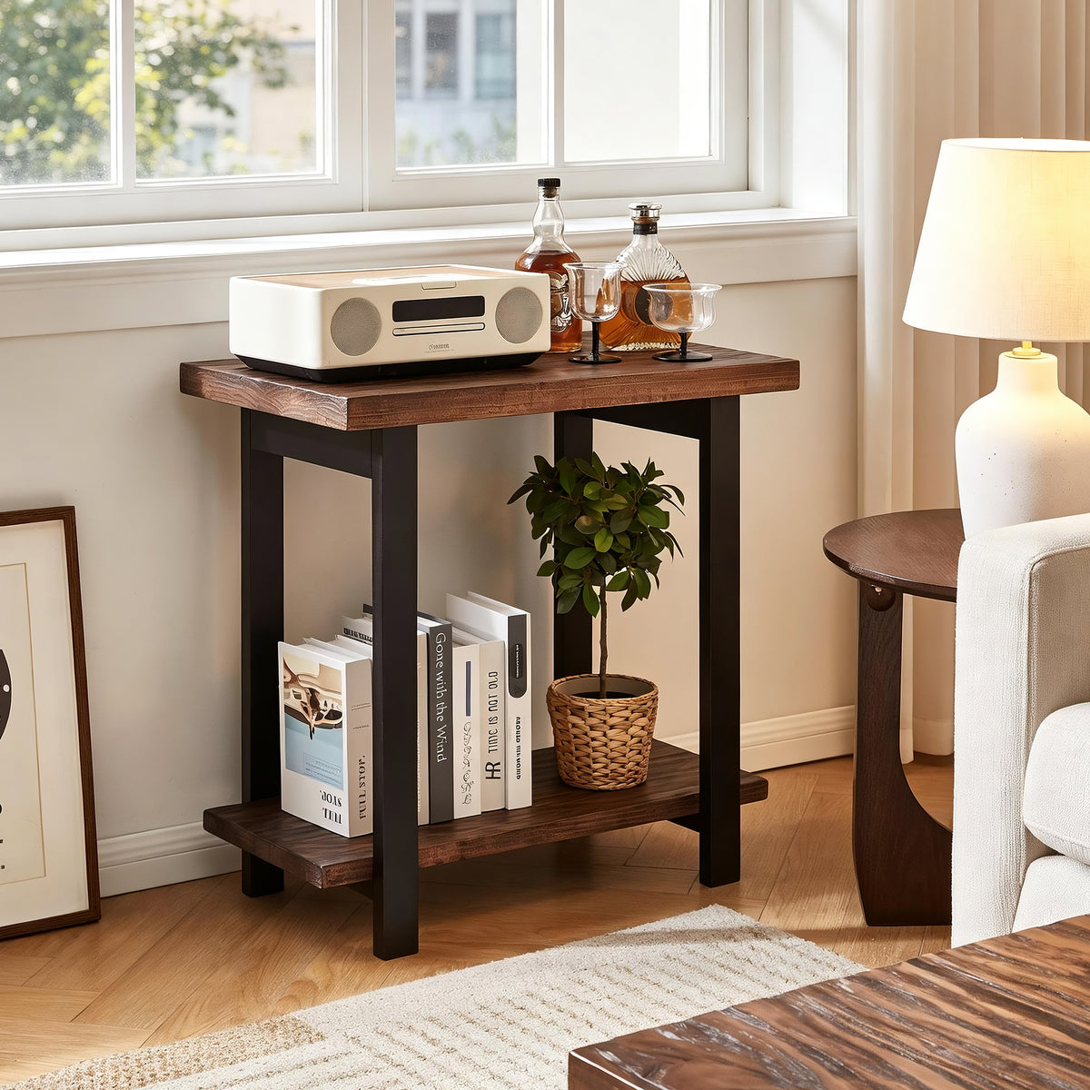 Walnut Solid Wood Rectangular Side Table with Storage, 27.2 in