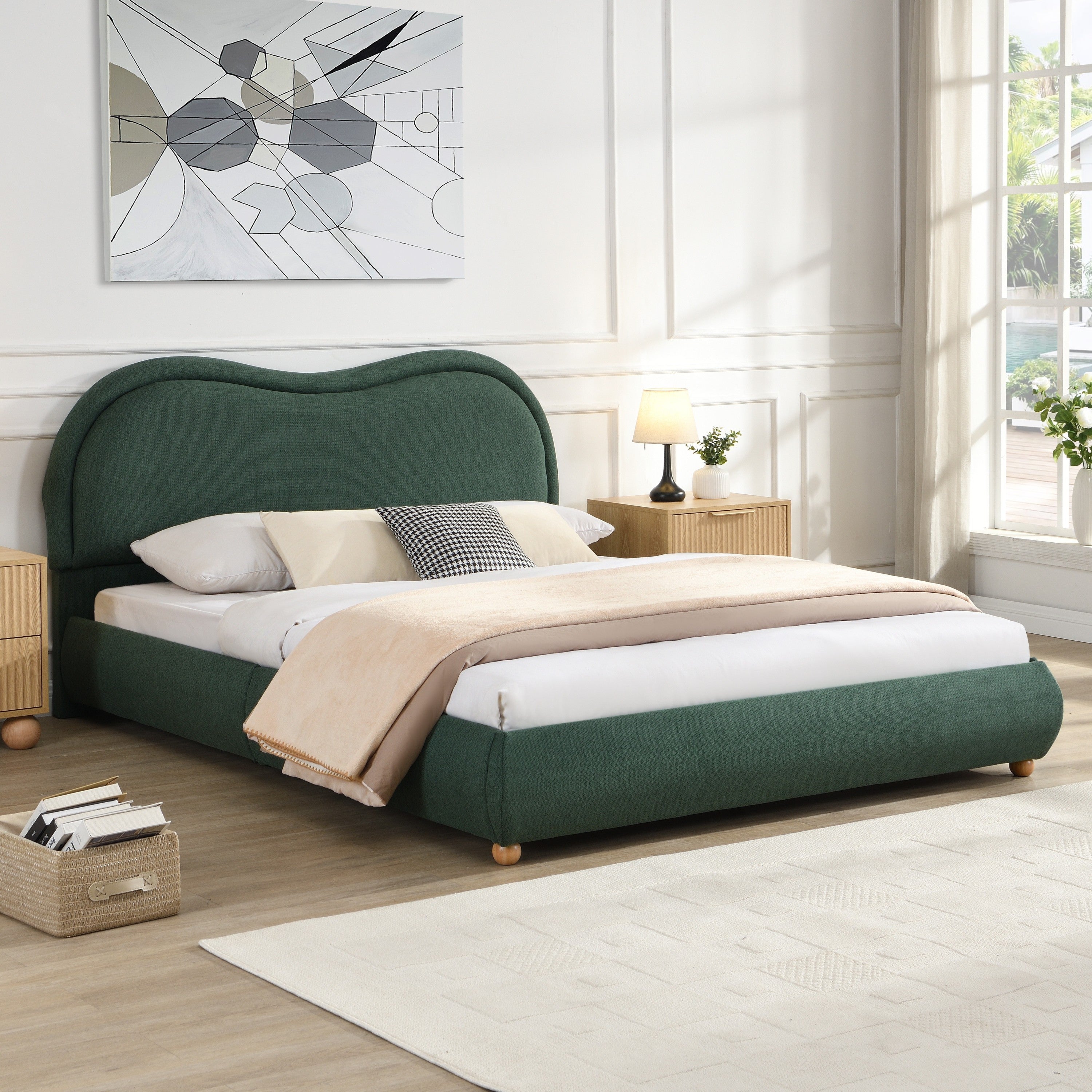 Angled view of the olive green chenille bed frame with its wavy curved headboard and rounded footboard rail #Color_Olive Green