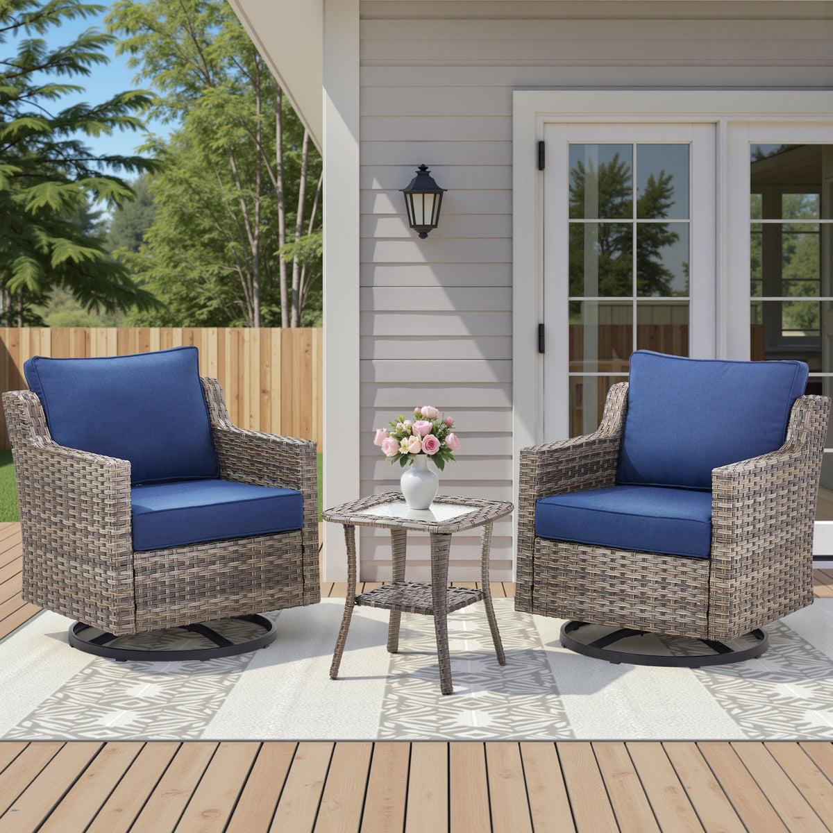 Gray Wicker 3-Piece Patio Conversation Set with Blue Cushions