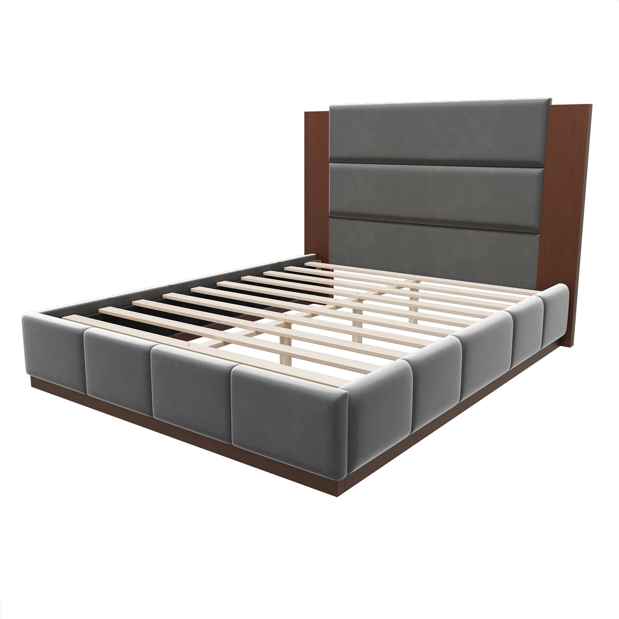 Grey velvet upholstered queen bed frame at an angle, wood slats exposed, showing extended wood headboard and padded rails #Color_Grey Velvet