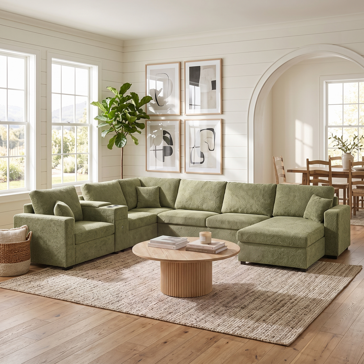 Green Chenille U-Shaped Modular Sectional Couch, 134.3 in Wide
