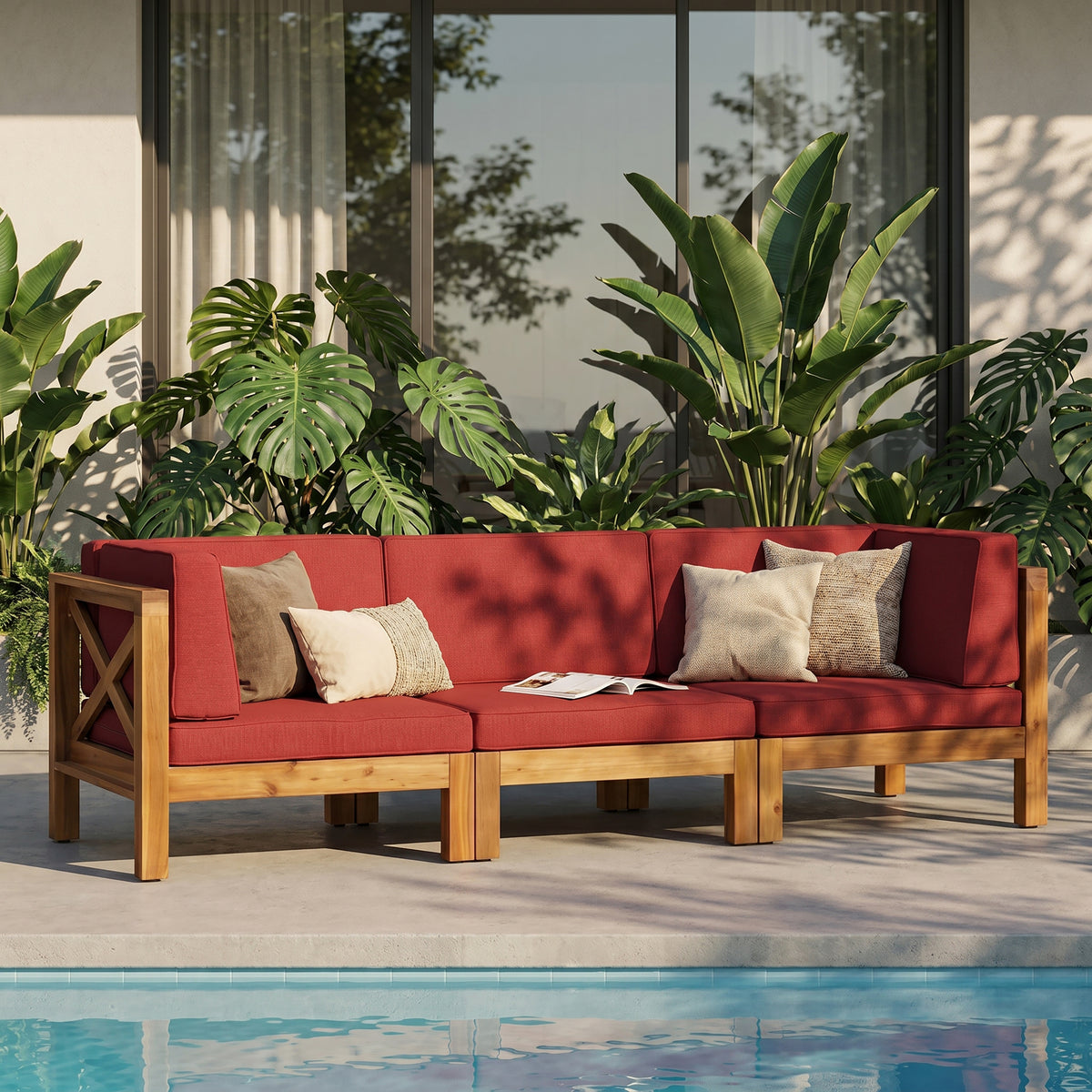 Red Solid Wood Outdoor Sectional Set for 3