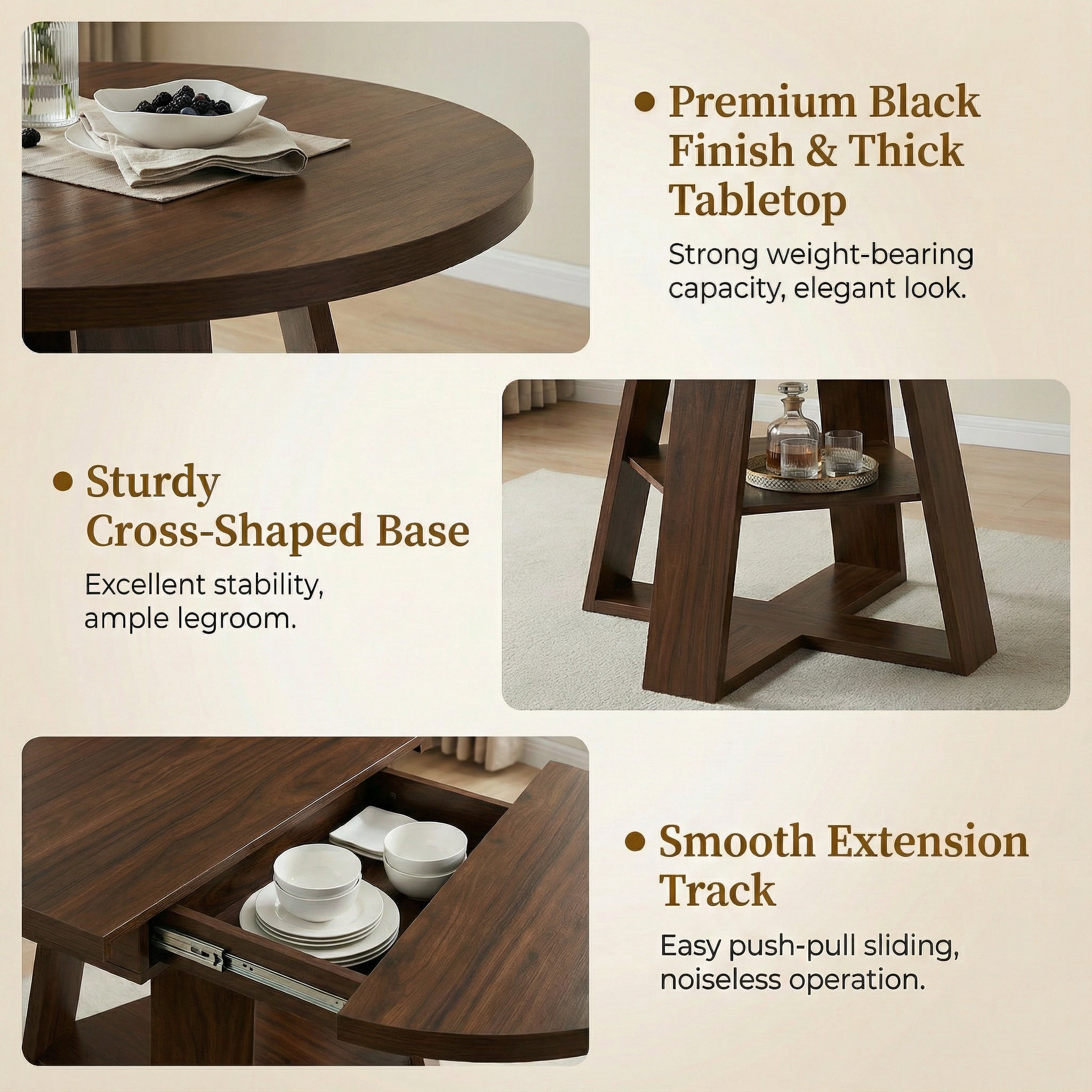 Feature graphic with close-ups of the thick tabletop, cross base and extension track