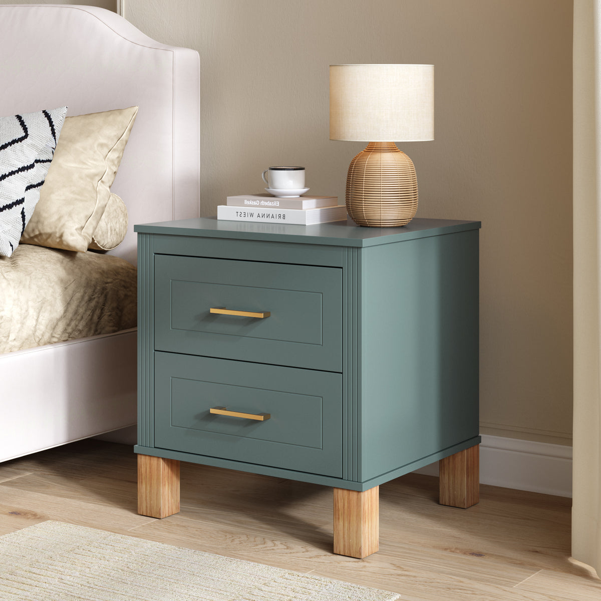 Blue Nightstand with 2 Drawers, Wood Legs and Fluted Trim