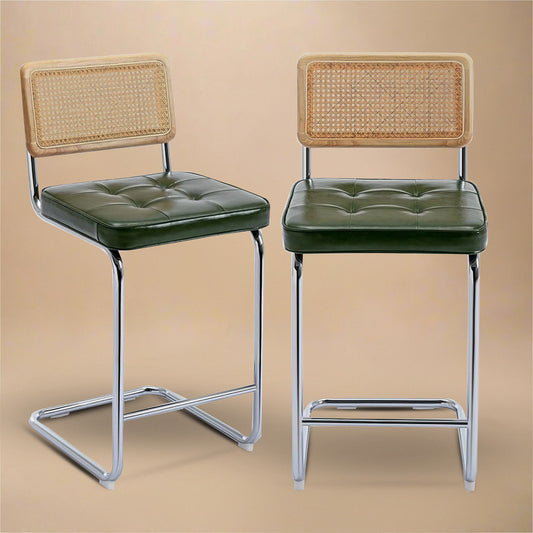 Counter Stools Set of 2 – Stainless Steel & Vegan Leather with green seats and cane backs, ideal for kitchen counters.