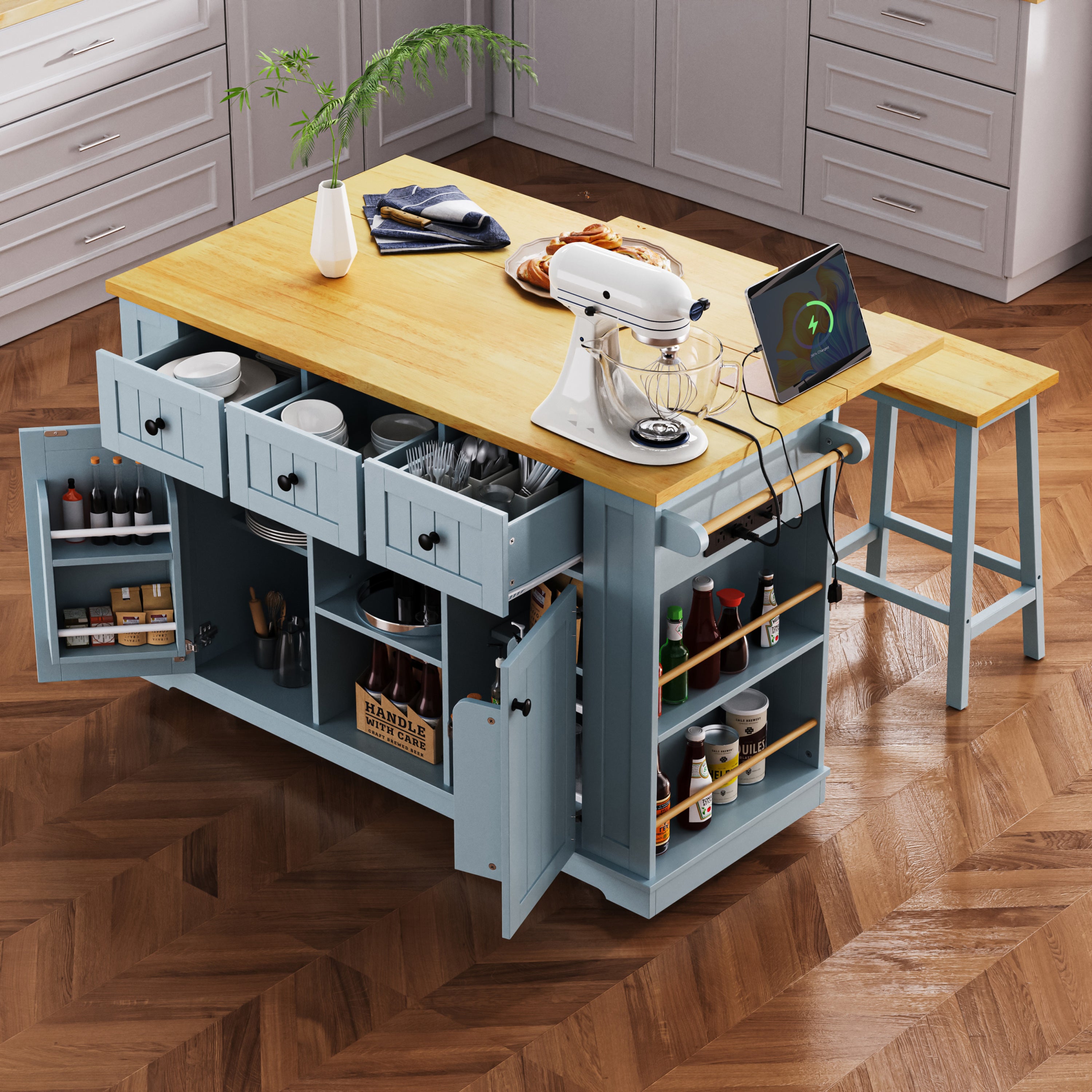 Farmhouse Kitchen Island, Grey-Blue 53" Cart with Drop Leaf