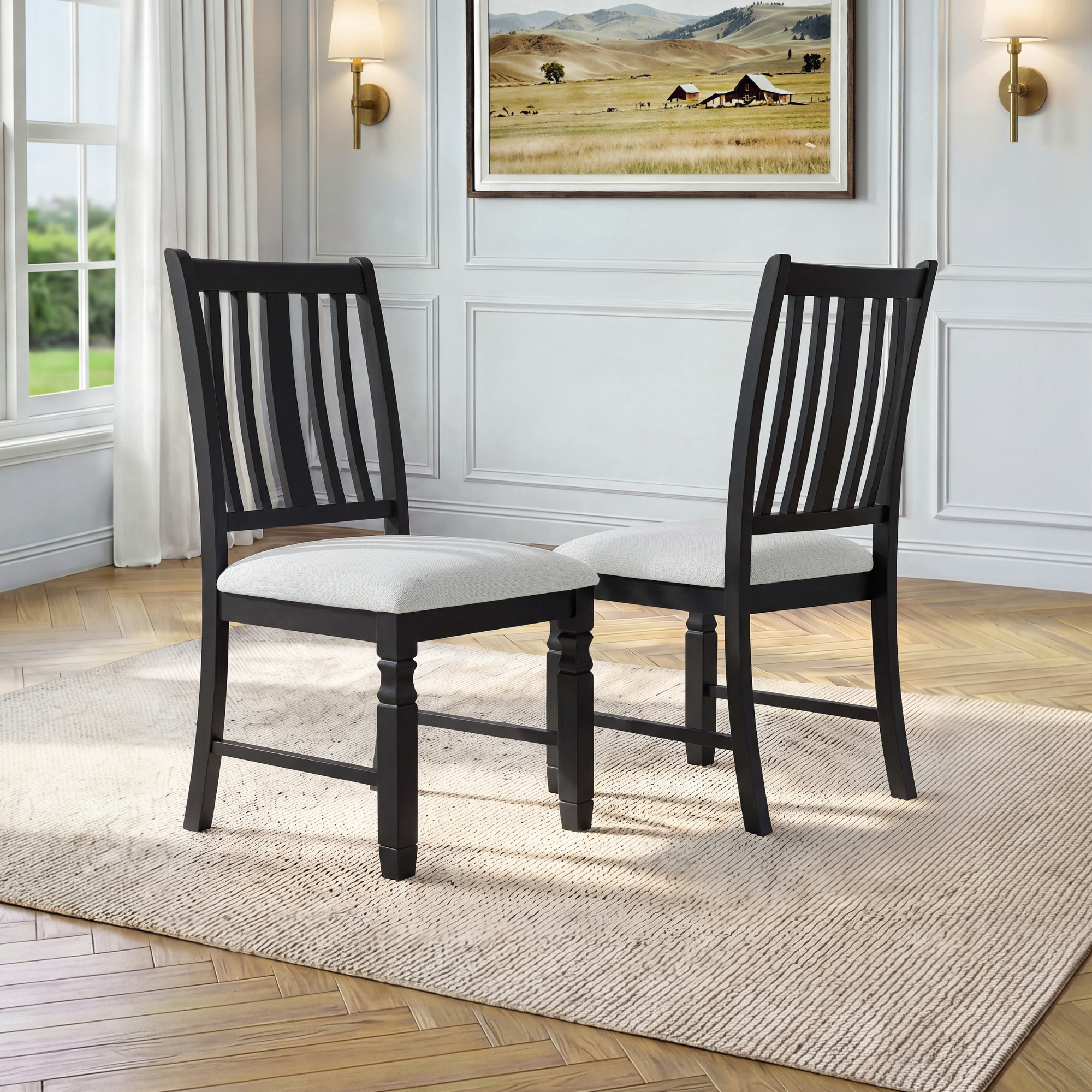 Slat-Back Dining Chairs Set of 2, Black Wood, Beige Seat