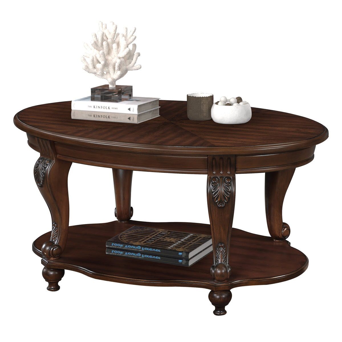 Cherry Oval Coffee Table with Storage, 42 in
