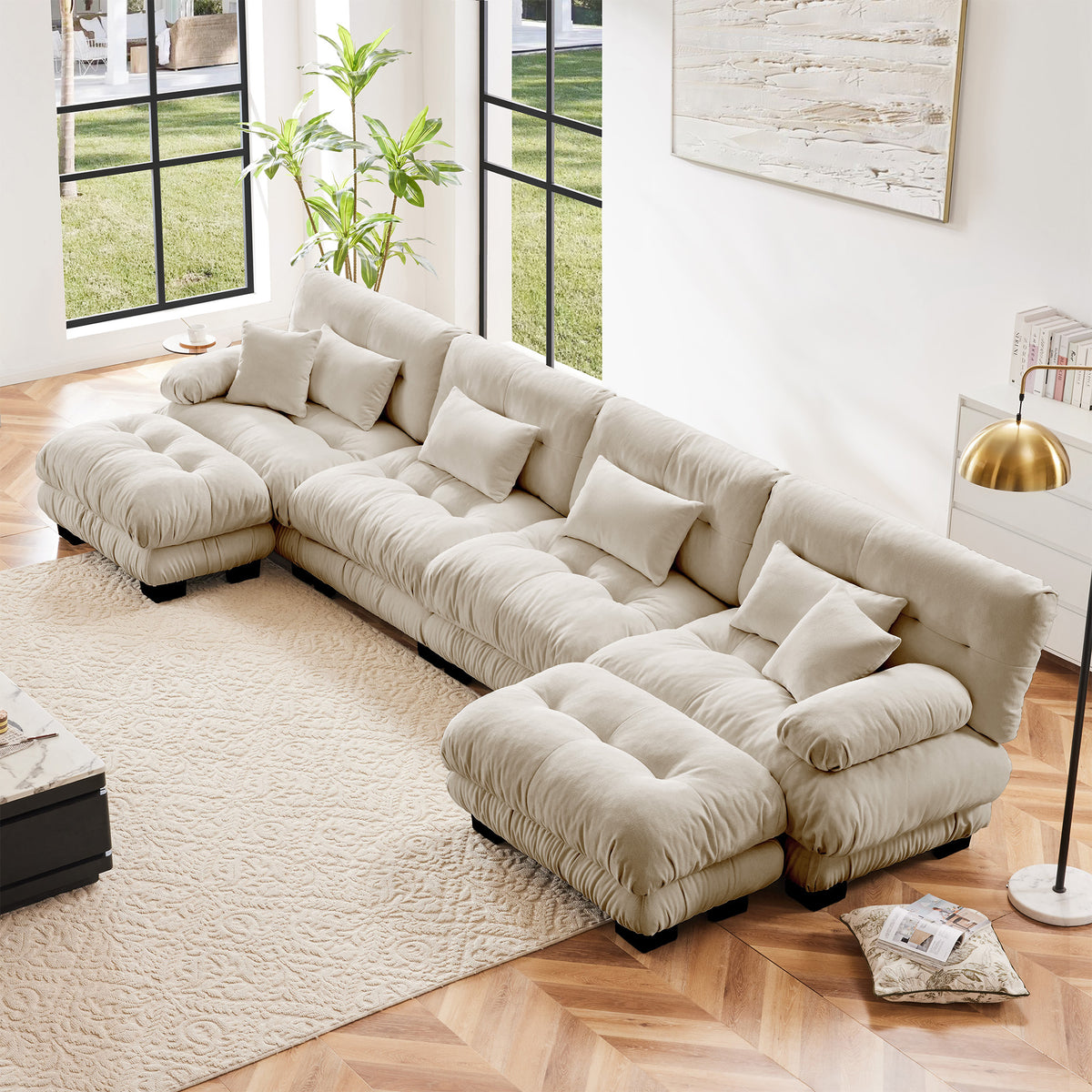 Brown Chenille Modular Sectional Couch with 2 Ottomans, 4-Seat