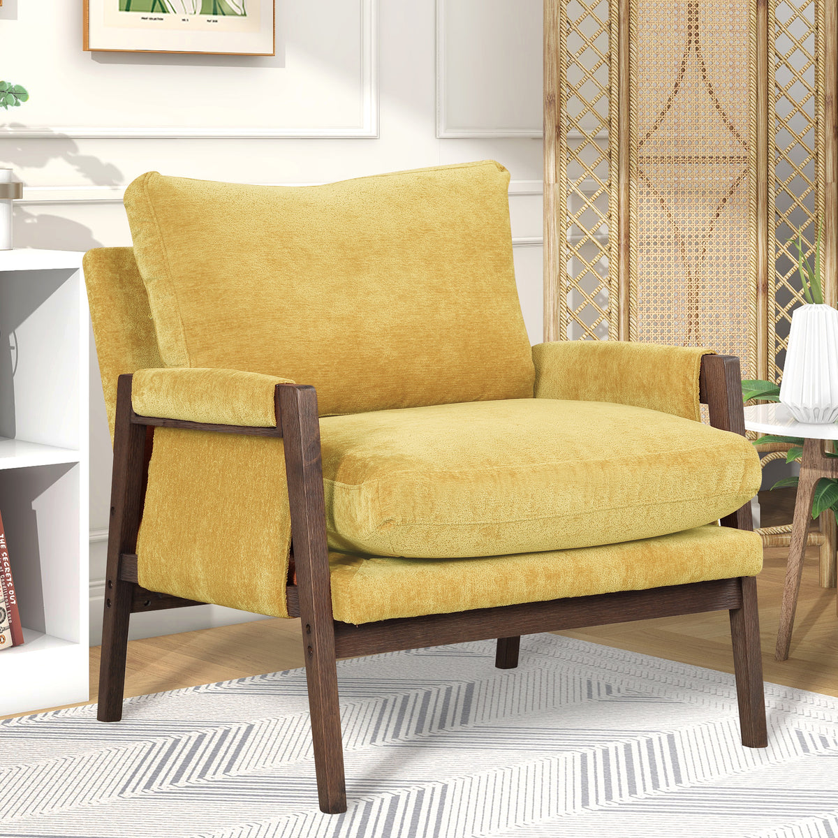 Yellow Velvet Accent Chair, Mid-Century