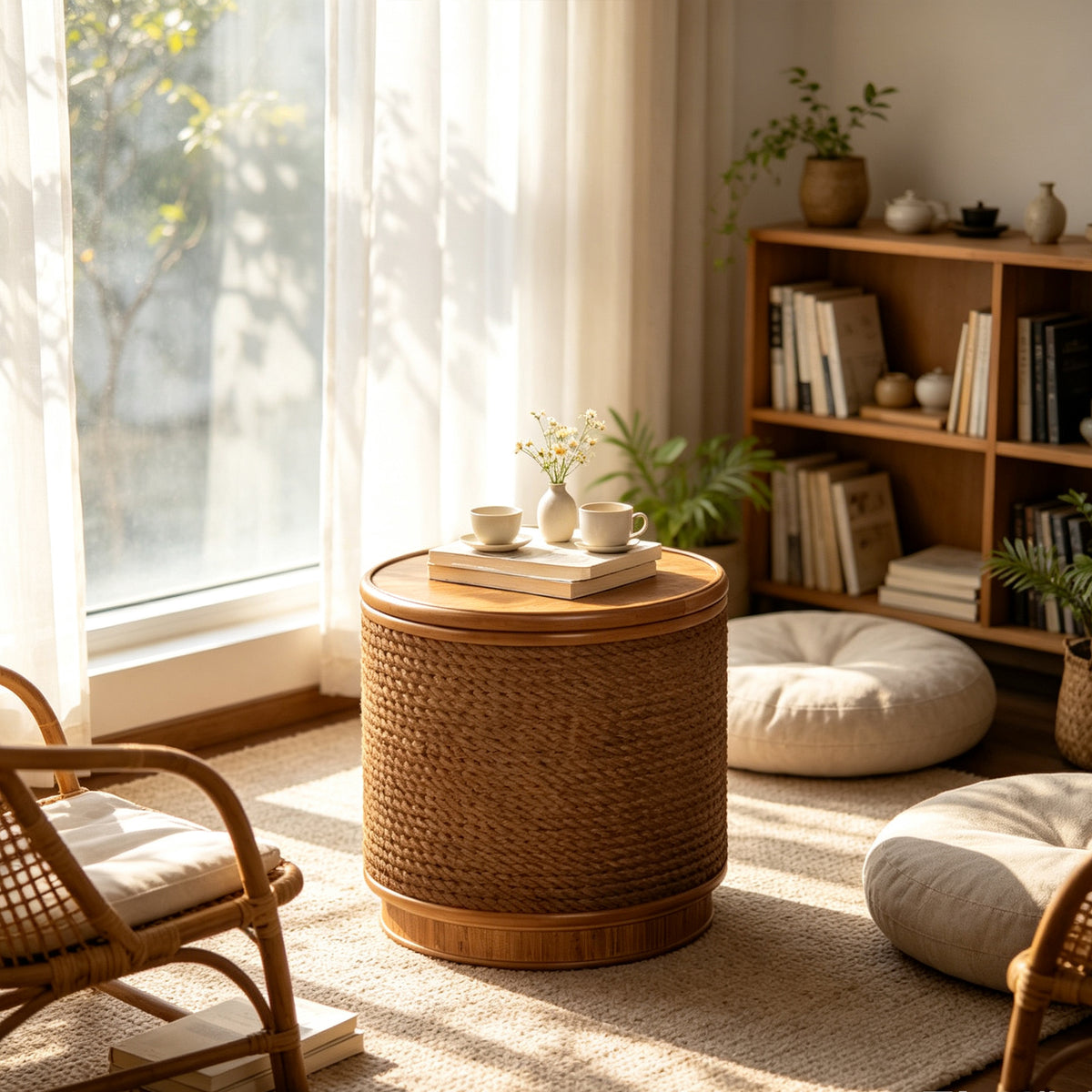 Natural Rattan Round Side Table with Storage, 15.9 in
