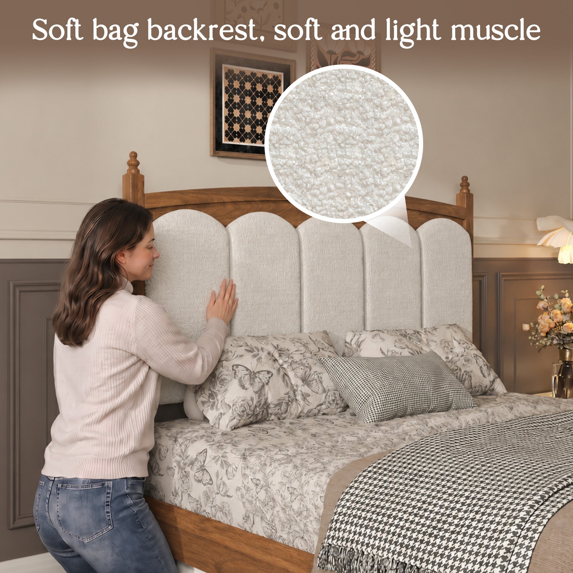 Close-up of the cream padded arched headboard panels on the vintage queen bed, with a boucle-look fabric swatch