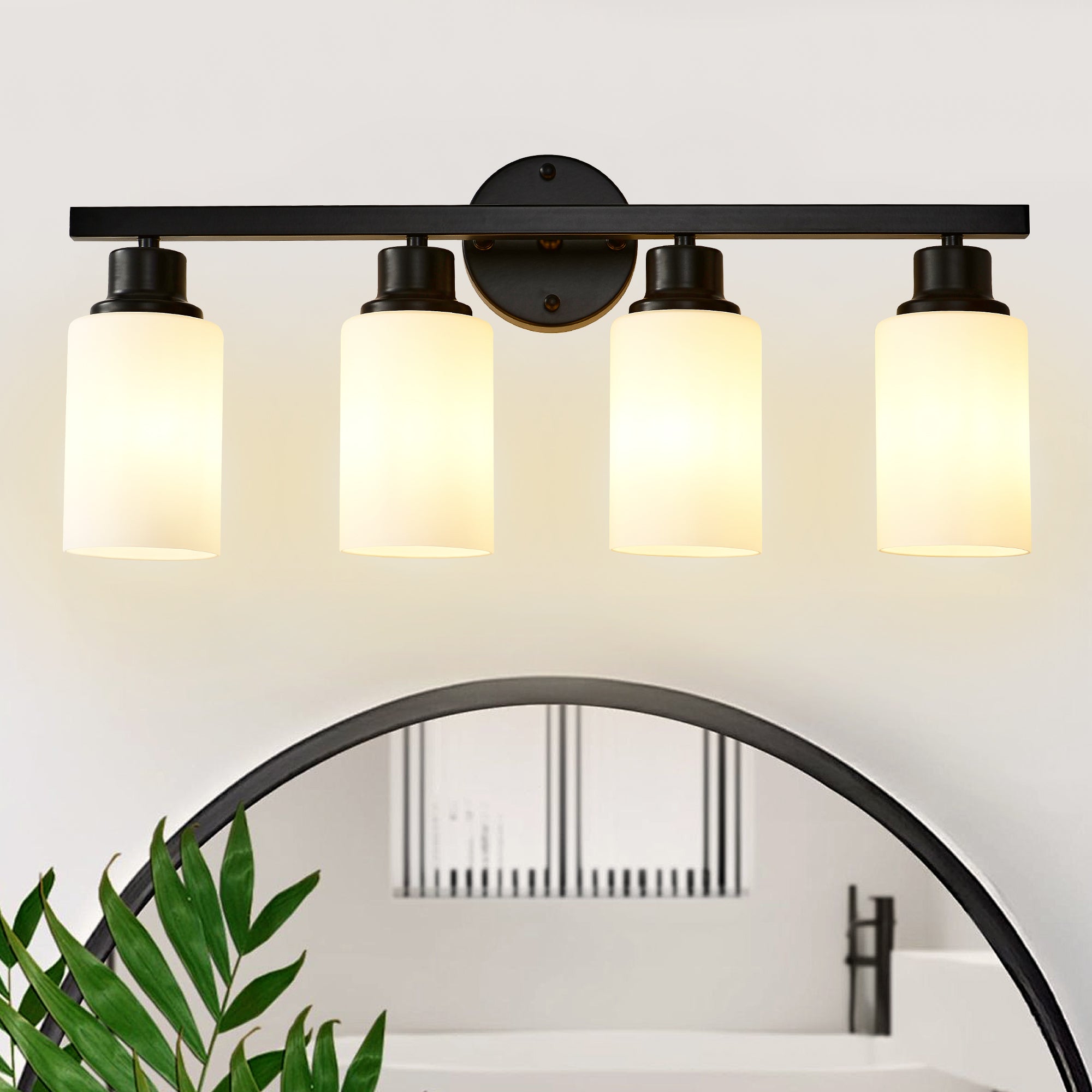 Wall Sconce, 4-Light Glass Shade, Matte Black and Wood