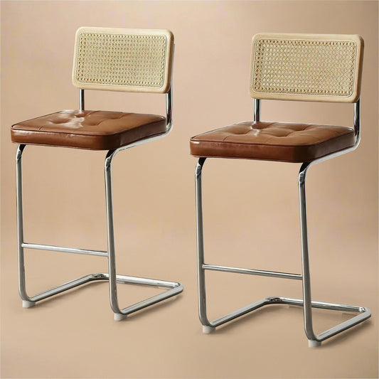 Rattan Counter Stools Set of 2 – Stainless Steel Legs & Brown Vegan Leather
