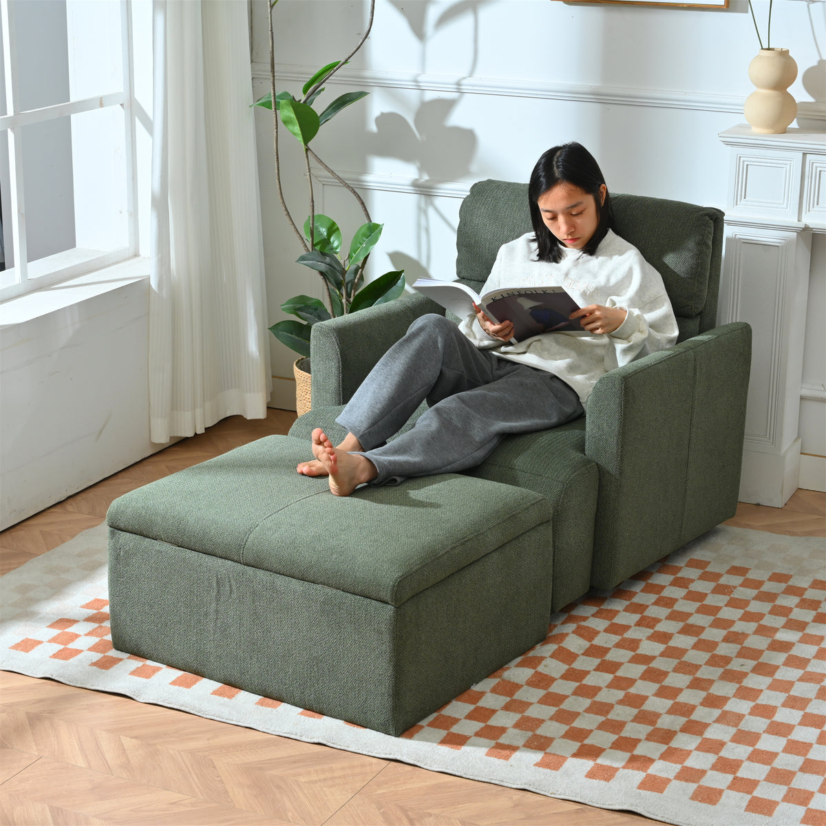 Dark Green Velvet Accent Chair with Ottoman