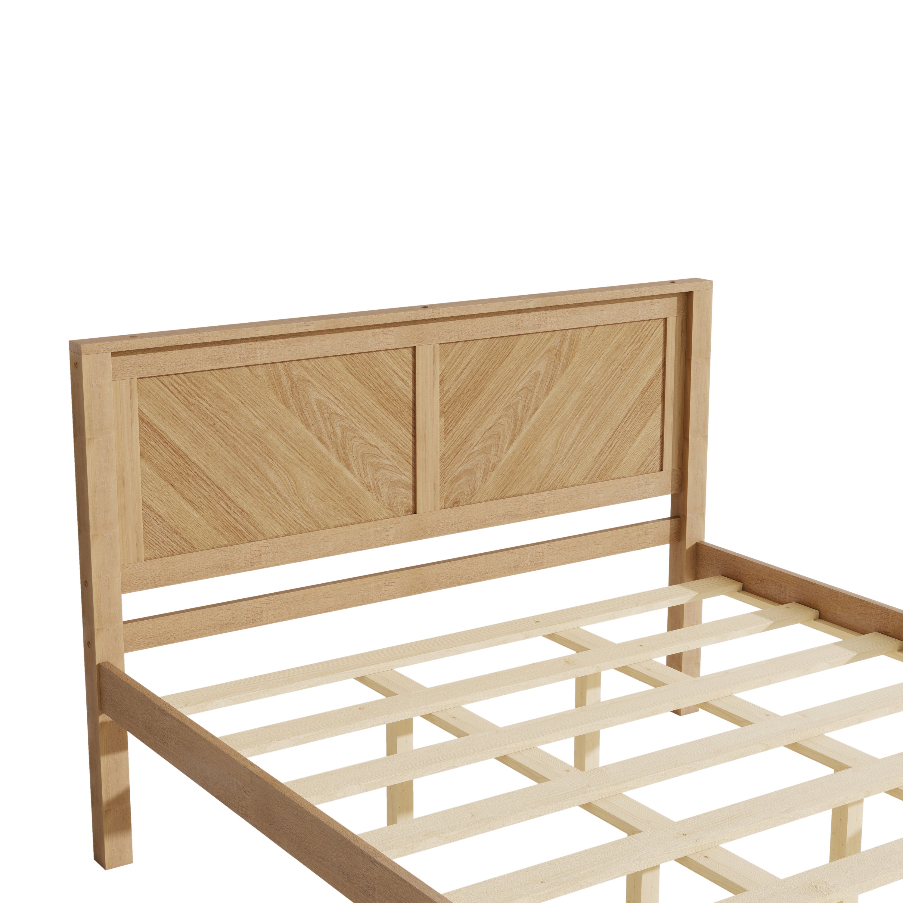 Close-up of the herringbone chevron wood panels set in the oak headboard frame
