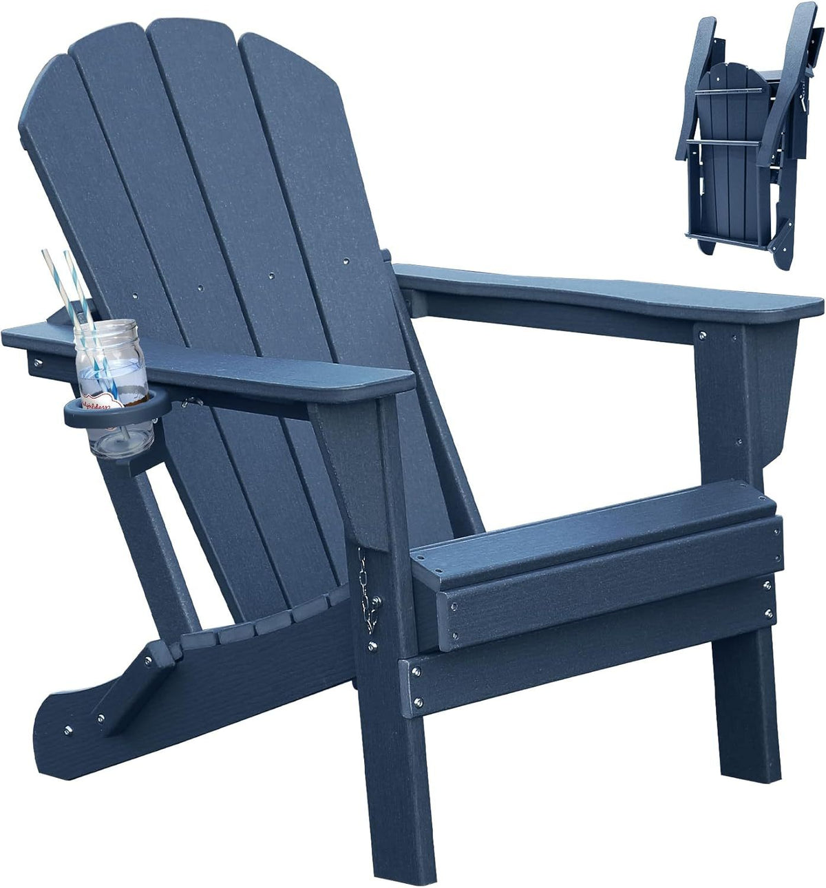 Blue HDPE Folding Adirondack Chair, with Cup Holder