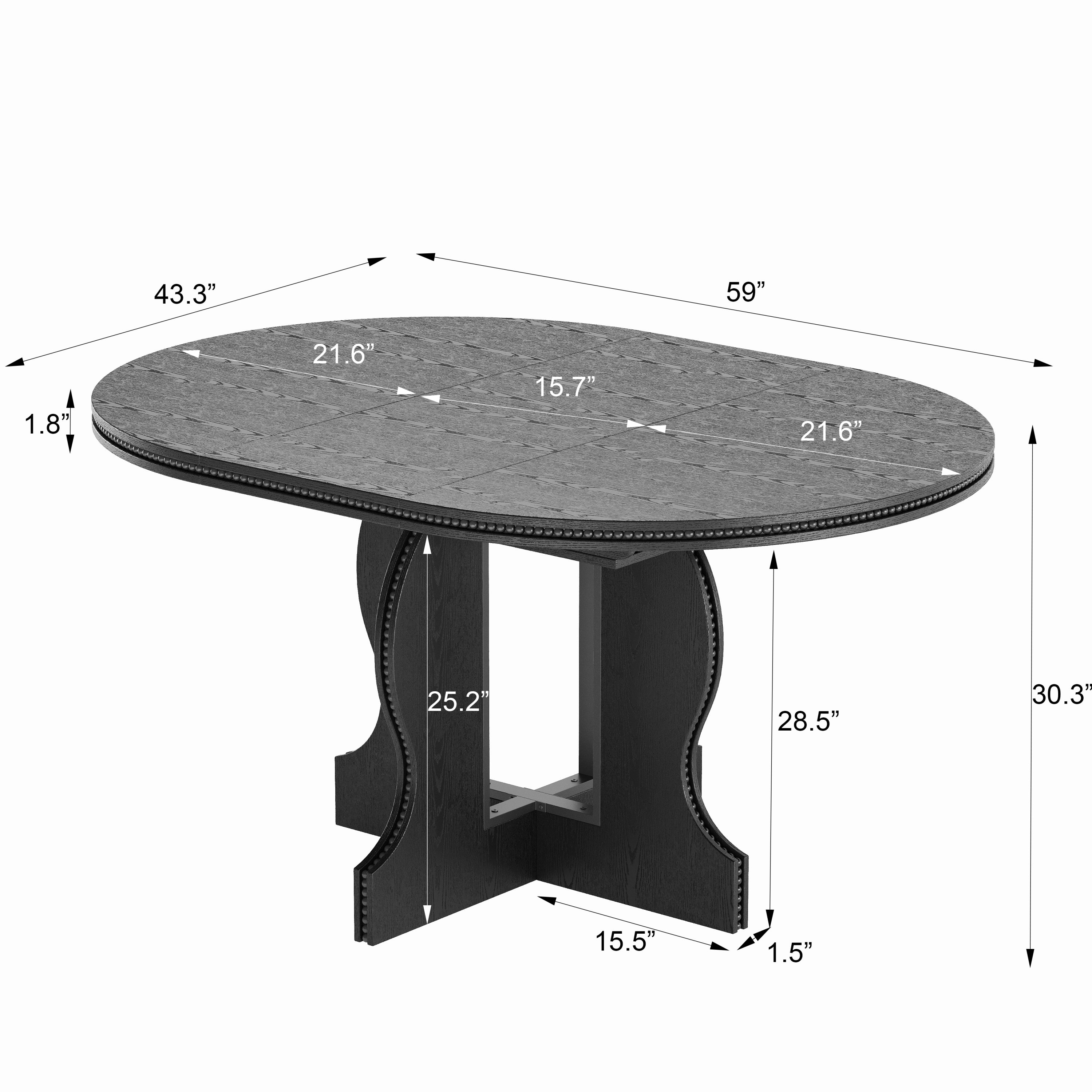 Dimension diagram of the oval extended table showing 59 inch length and 43.3 inch width