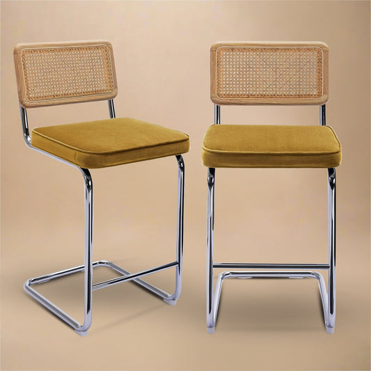 Rattan Counter Stools Set of 2 – Stainless Steel Legs & Yellow Velvet