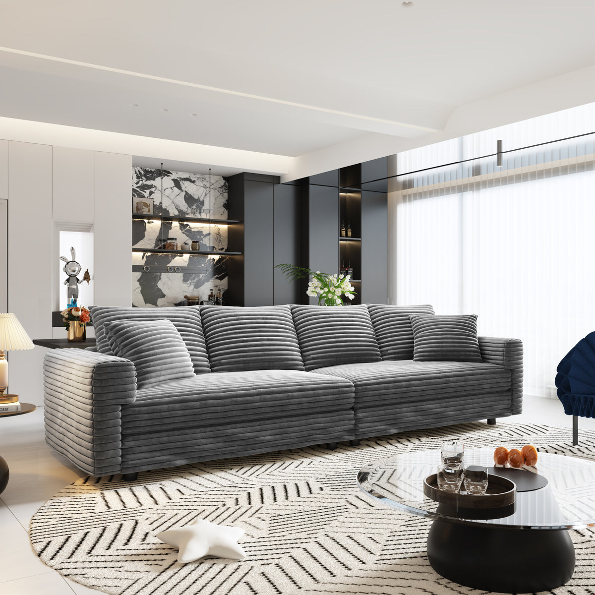 Gray Corduroy 4-Seat Couch, Deep Seat, 102.4 in Wide
