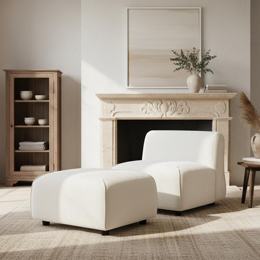 Beige Accent Chair with Ottoman