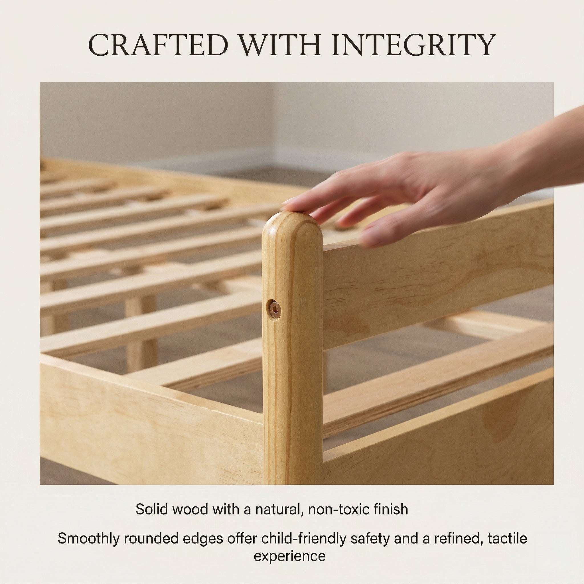 Hand resting on a rounded natural pine corner post above the slat frame #Color_Natural