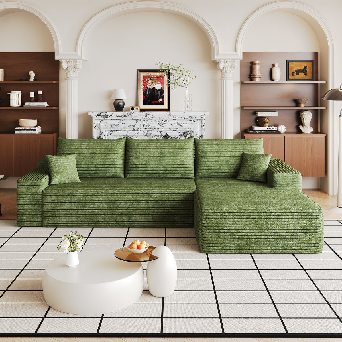Green Corduroy L-Shaped Modular Sectional, 107 in Wide, Right-Facing