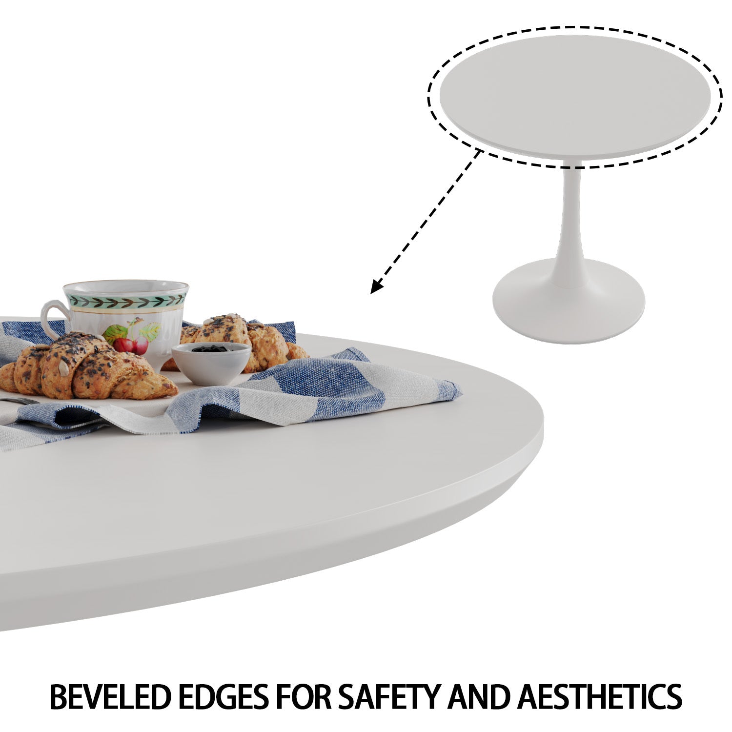 Feature graphic highlighting the beveled tabletop edge with an inset view of the white tulip table
