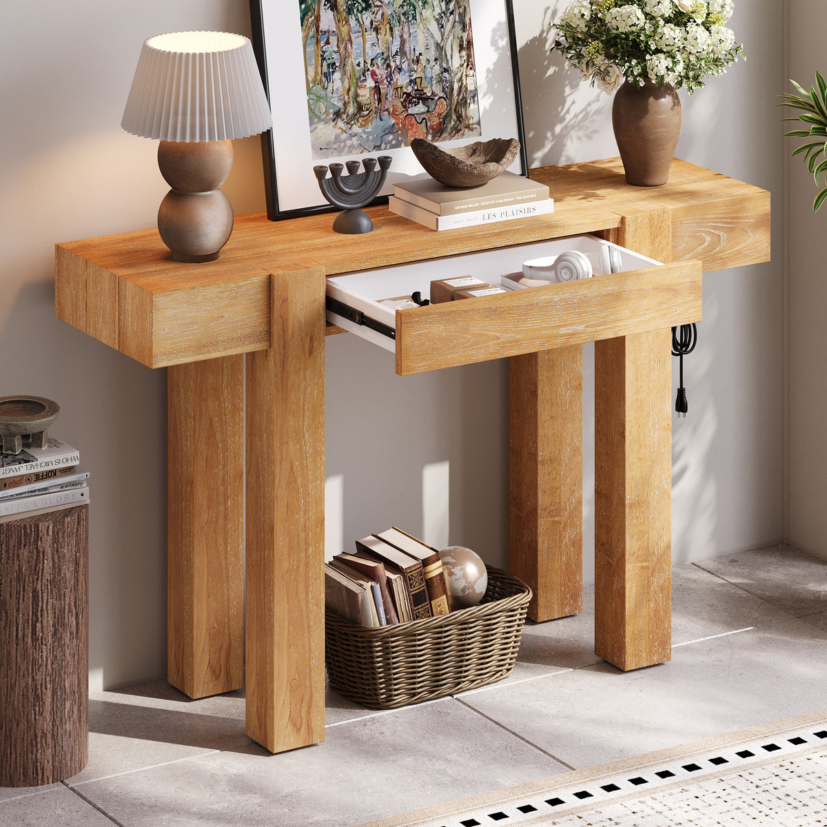 Natural Entryway Console Table with Storage, 47.3 in Wide