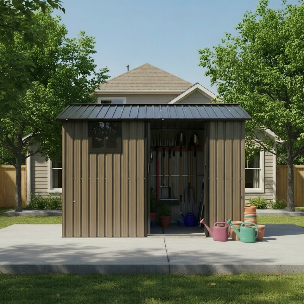 6x8 ft Brown Metal Storage Shed with Window, with Sliding Doors
