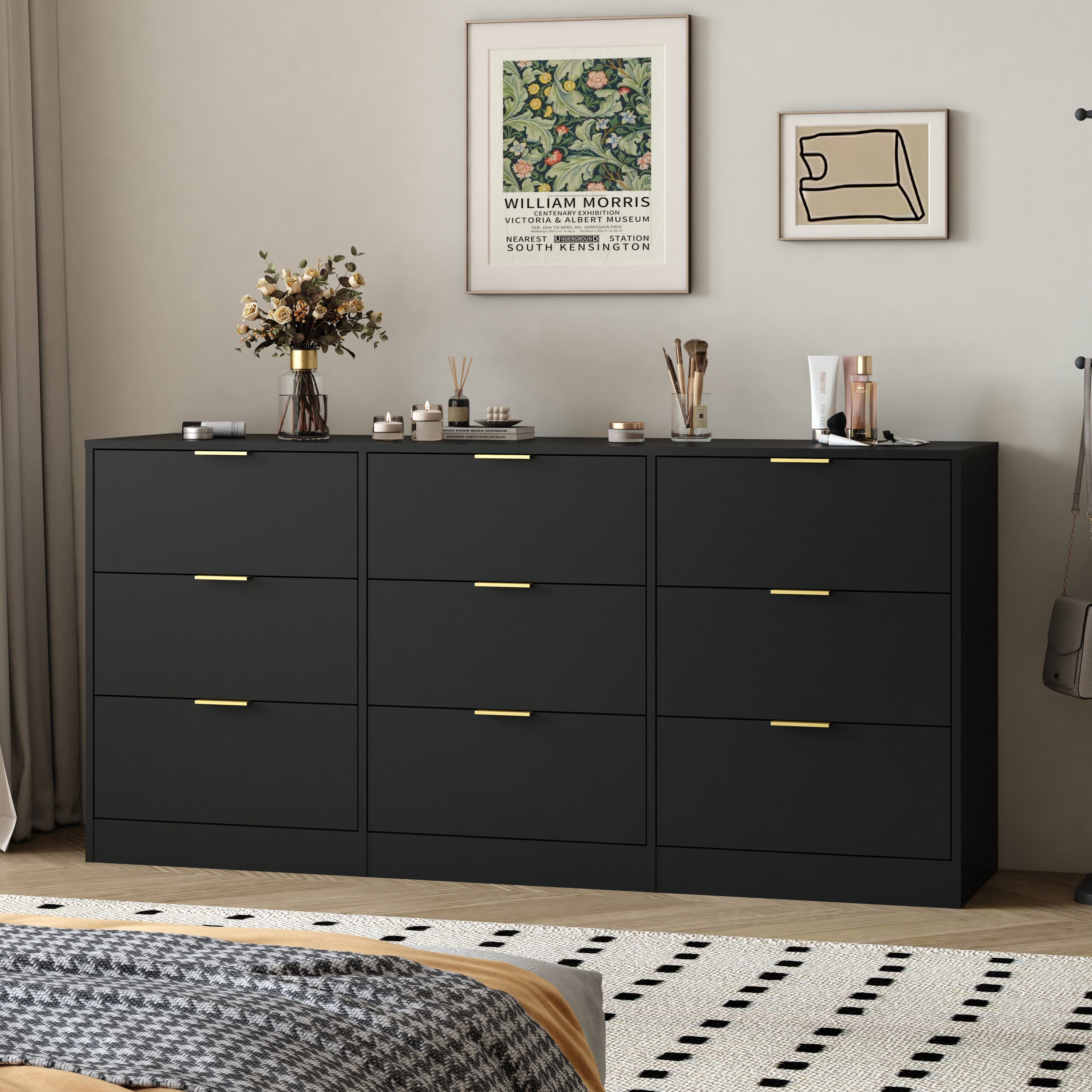 9 Drawer Dresser with Deep Drawers, 63in Wide, Black