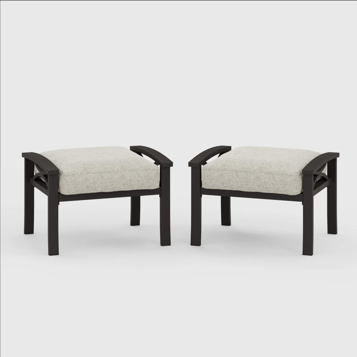 Khaki Metal Outdoor Ottoman with Beige Cushions, Set of 2