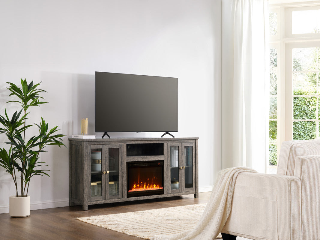 Gray Fireplace TV Stand, LED Lights, 70 in Wide, Glass Doors