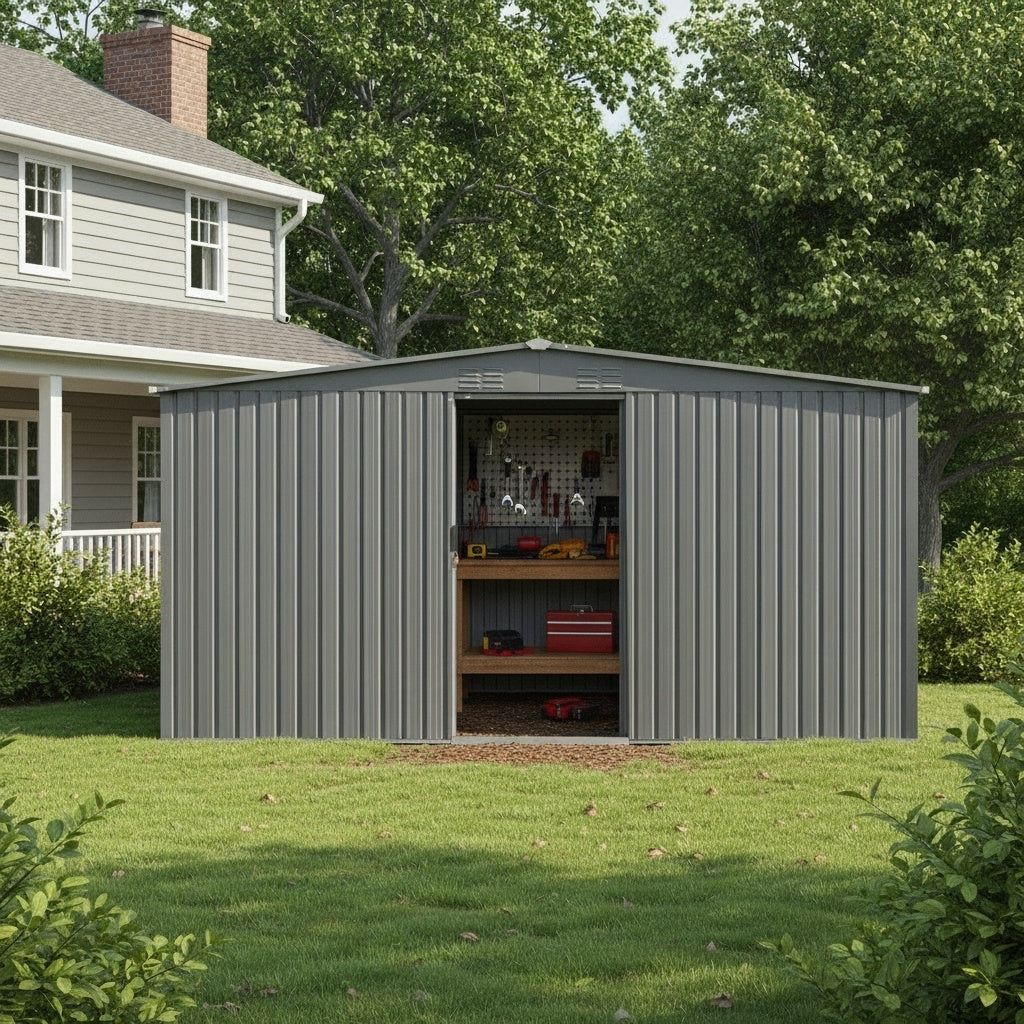 11x13 ft Gray Metal Storage Shed