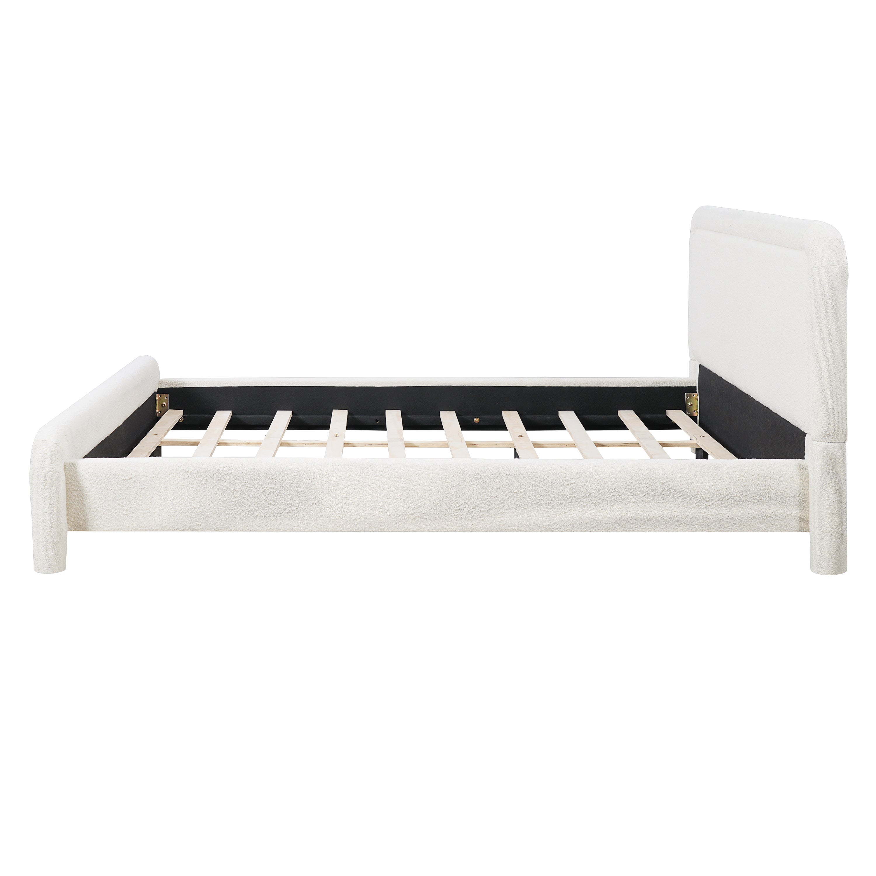 Side profile of white boucle king bed frame with slat support visible