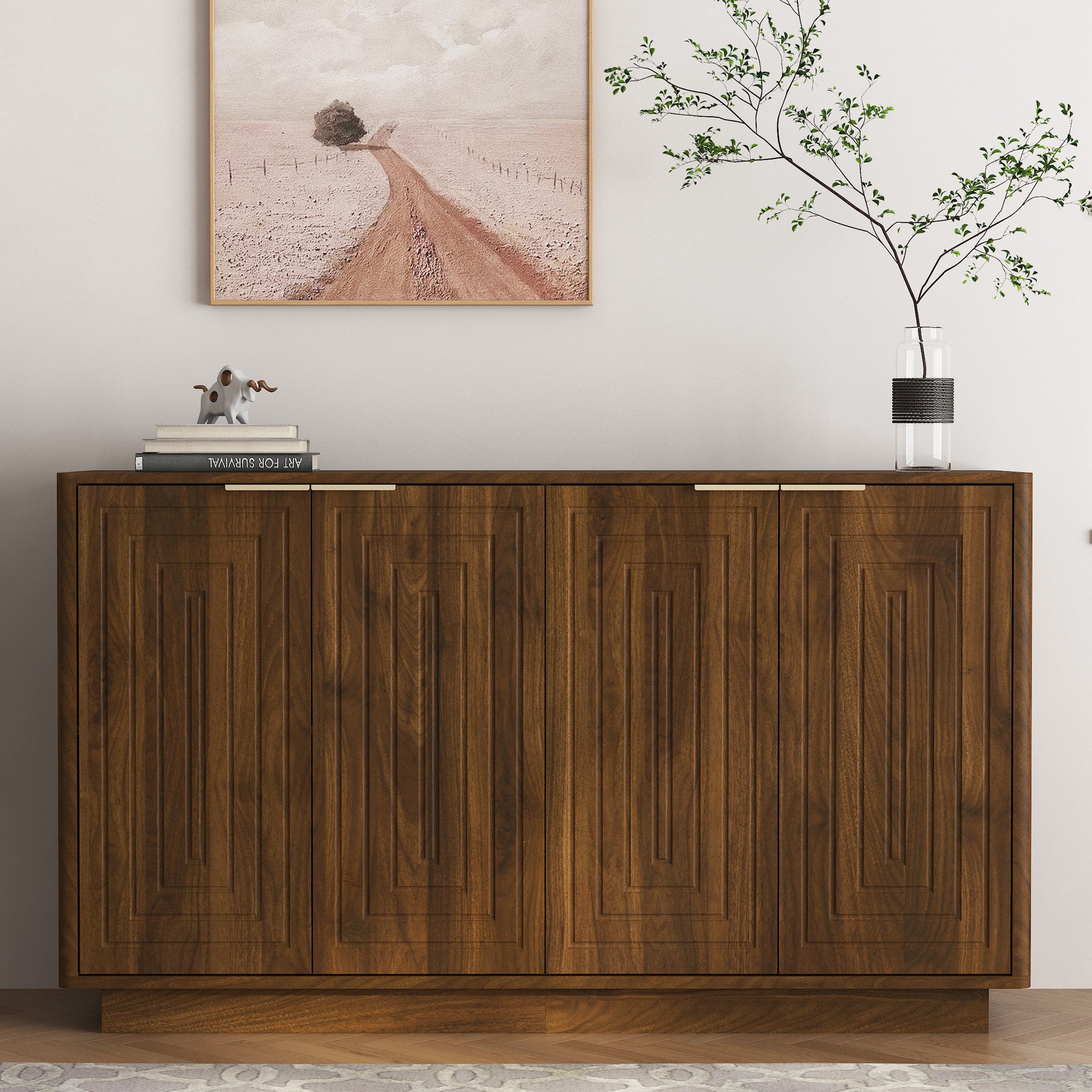 Walnut Fluted Sideboard 55 in, 4 Raised-Panel Doors & Shelves
