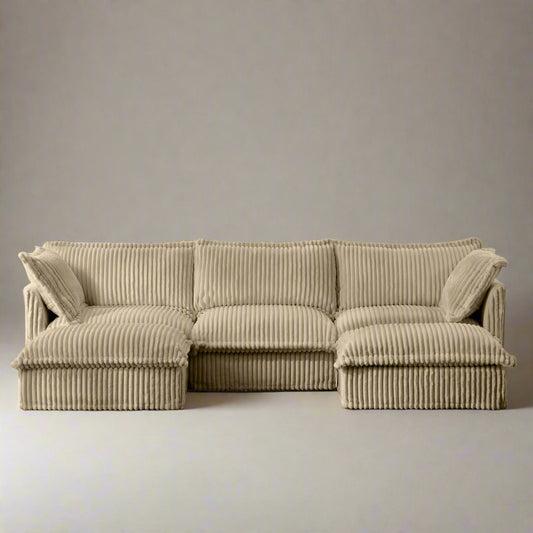 Fluffy Corduroy 3-Seat Sofa – Camel with 2 Ottomans, Washable