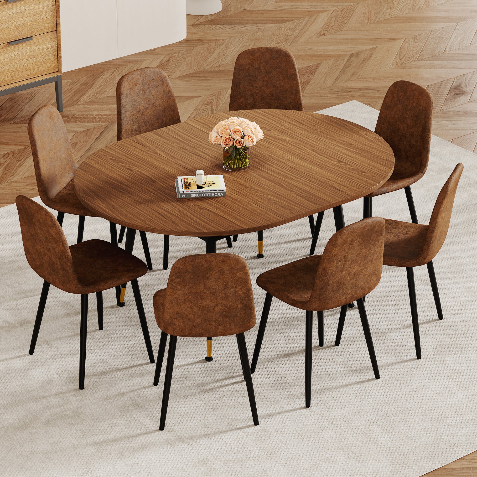 Feature graphic showing the walnut table converting from round to oval as it extends